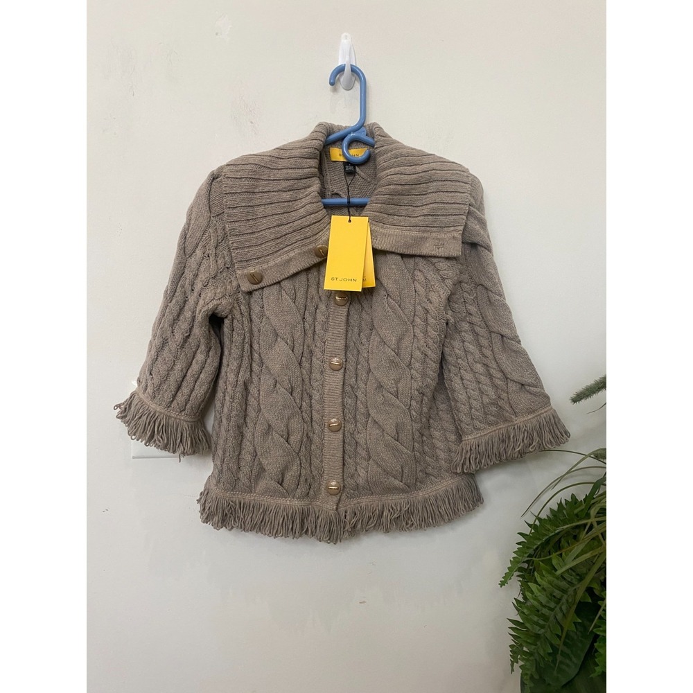 NWT ST. JOHN Women's Taupe Wool Knit Fringe Trim Cardigan Sweater Size S, $795‎